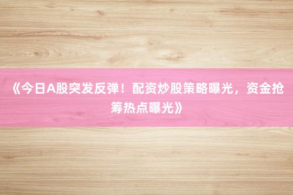 《今日A股突发反弹！配资炒股策略曝光，资金抢筹热点曝光》